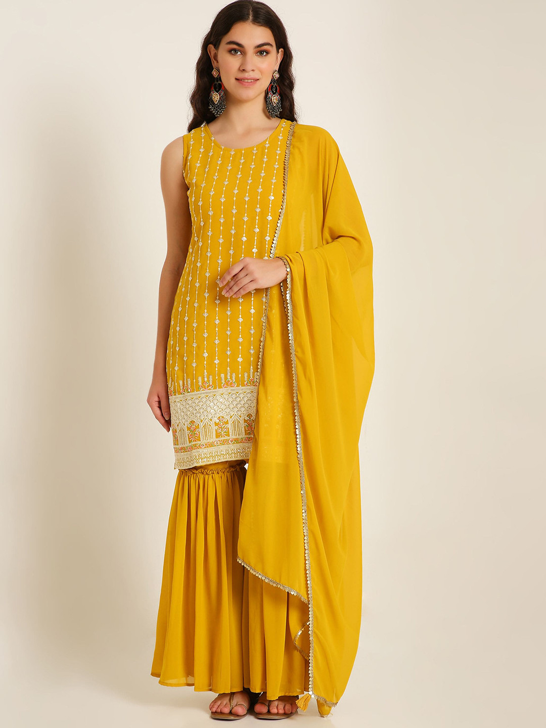 Shopping Queen Embroidered Regular Sequinned Kurta with Sharara & Dupatta