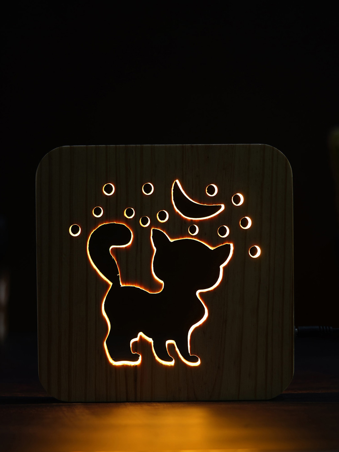eCraftIndia Brown Cat & Moon Carving Wooden Table Lamp