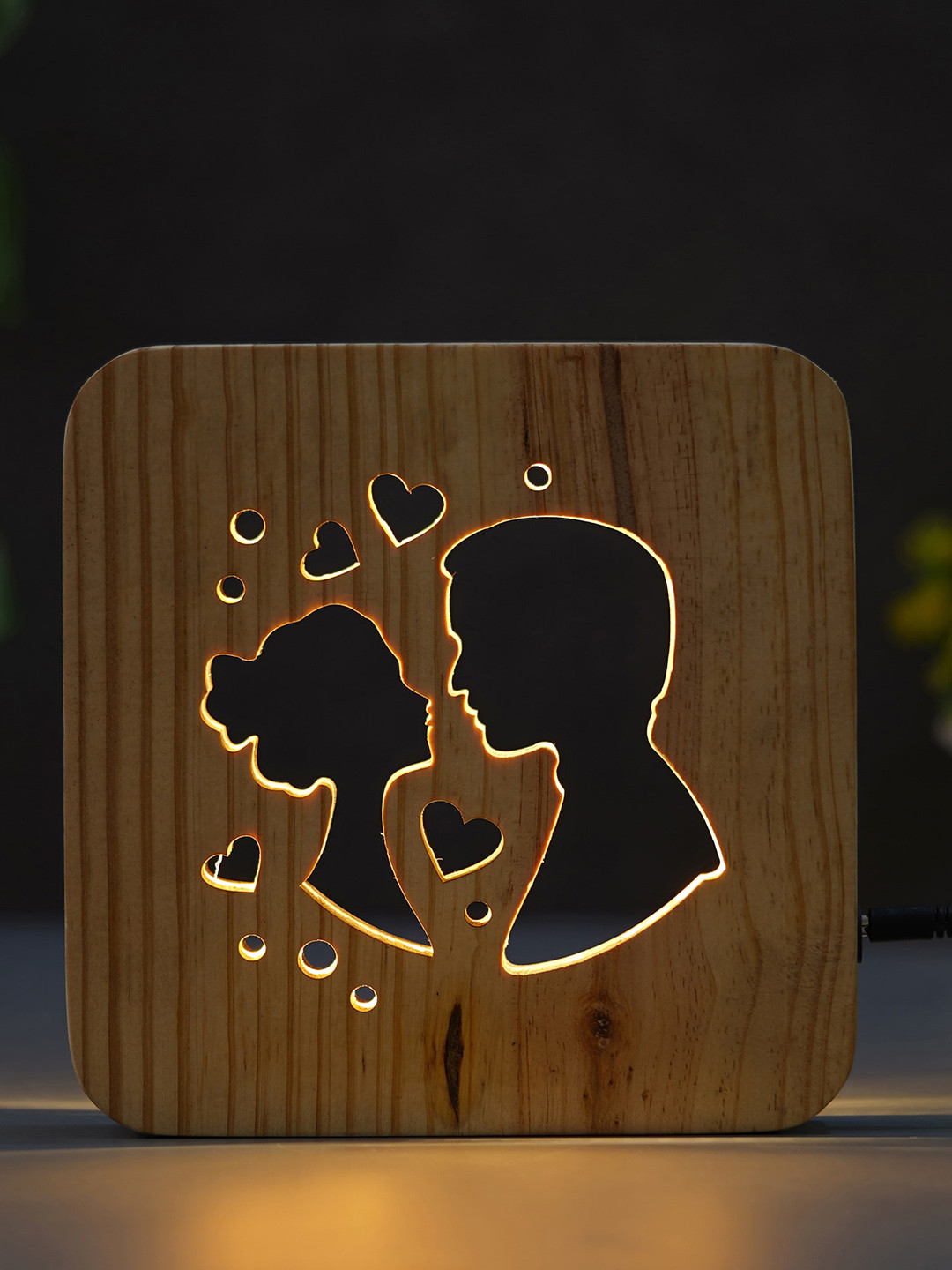 eCraftIndia Brown Couple With Small Hearts Carving Wooden Table Lamp