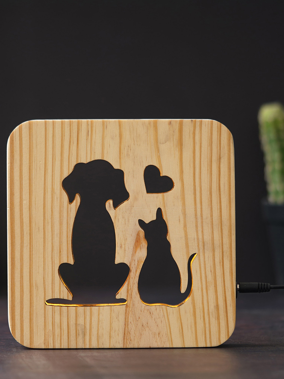 eCraftIndia Brown Dog & Cat Carving Wooden Table Lamp