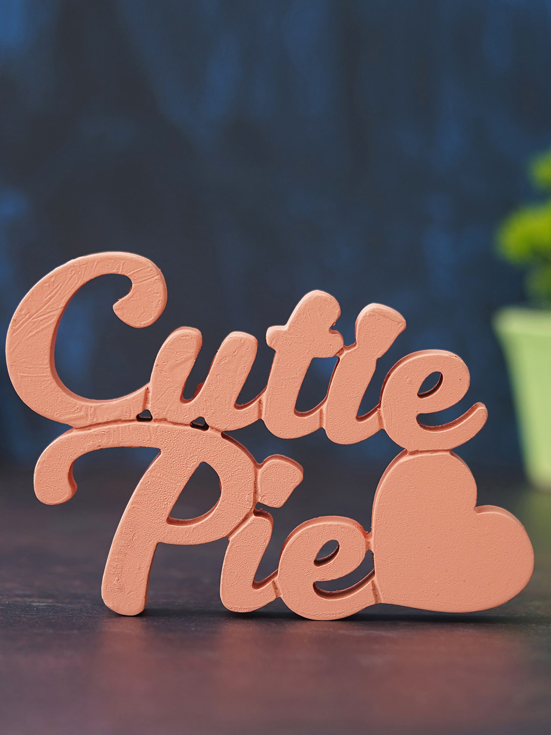 eCraftIndia Cutie Pie and Heart Symbol Peach Wood Natural Living Room Small Showpiece - 1 Inches