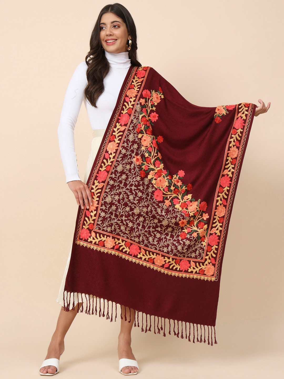 Pashmoda Aari Floral Embroidered Stole