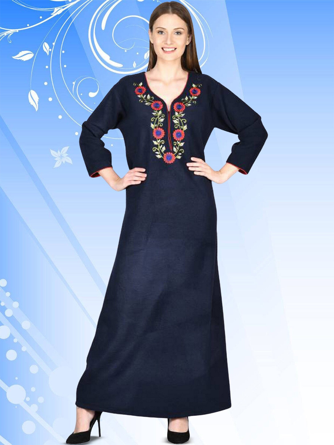 Noty Embroidered V-Neck Fleece Maxi Nightdress