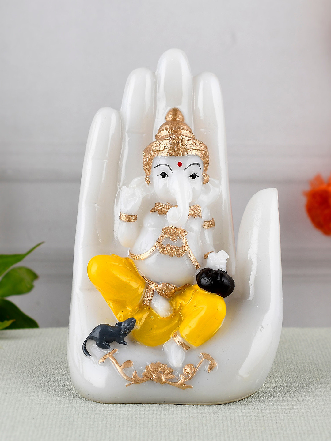 Ascension Blessing Hand Palm Ganesha White Polyresin Glossy Prayer Room Medium Showpiece - 6.7 Inches