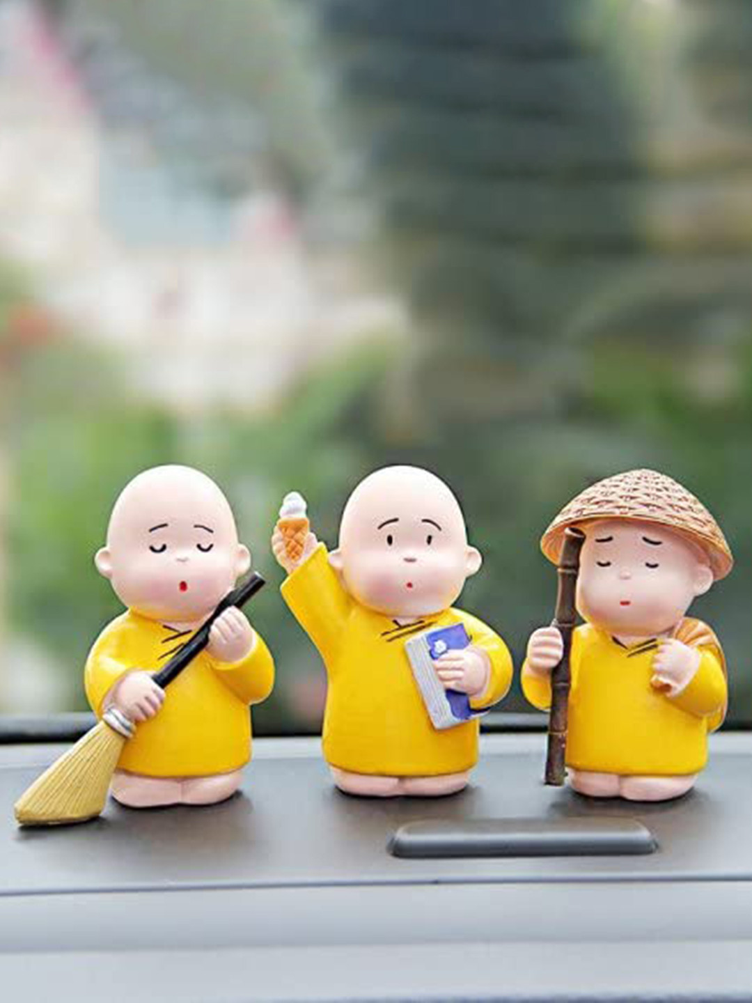 Ascension Baby Monk Buddha Yellow Polyresin Matte Living Room Set of 3 Tiny Showpieces - 2.8 Inches