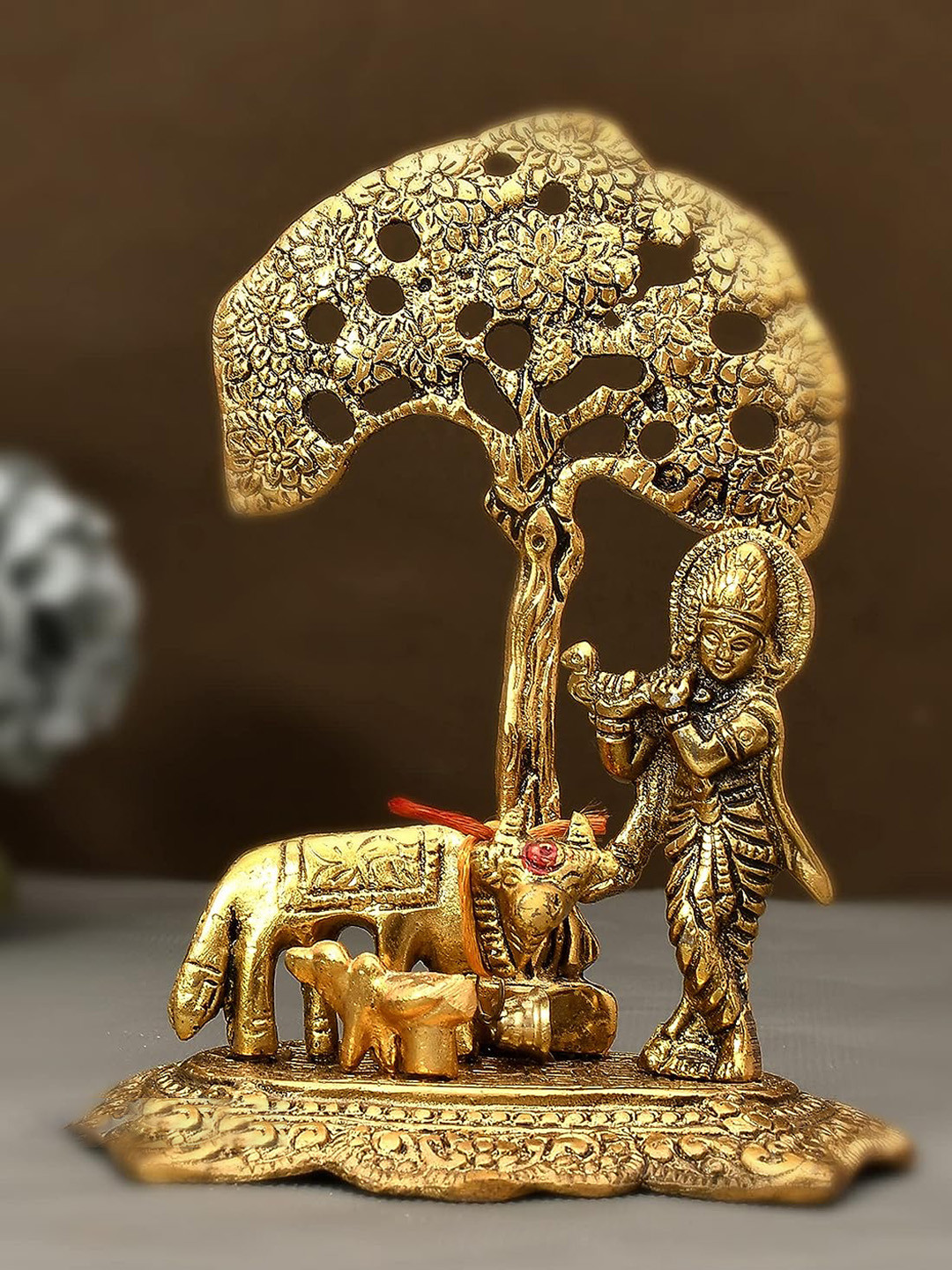 Ascension Cow Calf and Krishna Gold Metal Metallic Prayer Room Small Showpiece - 6.3 Inches