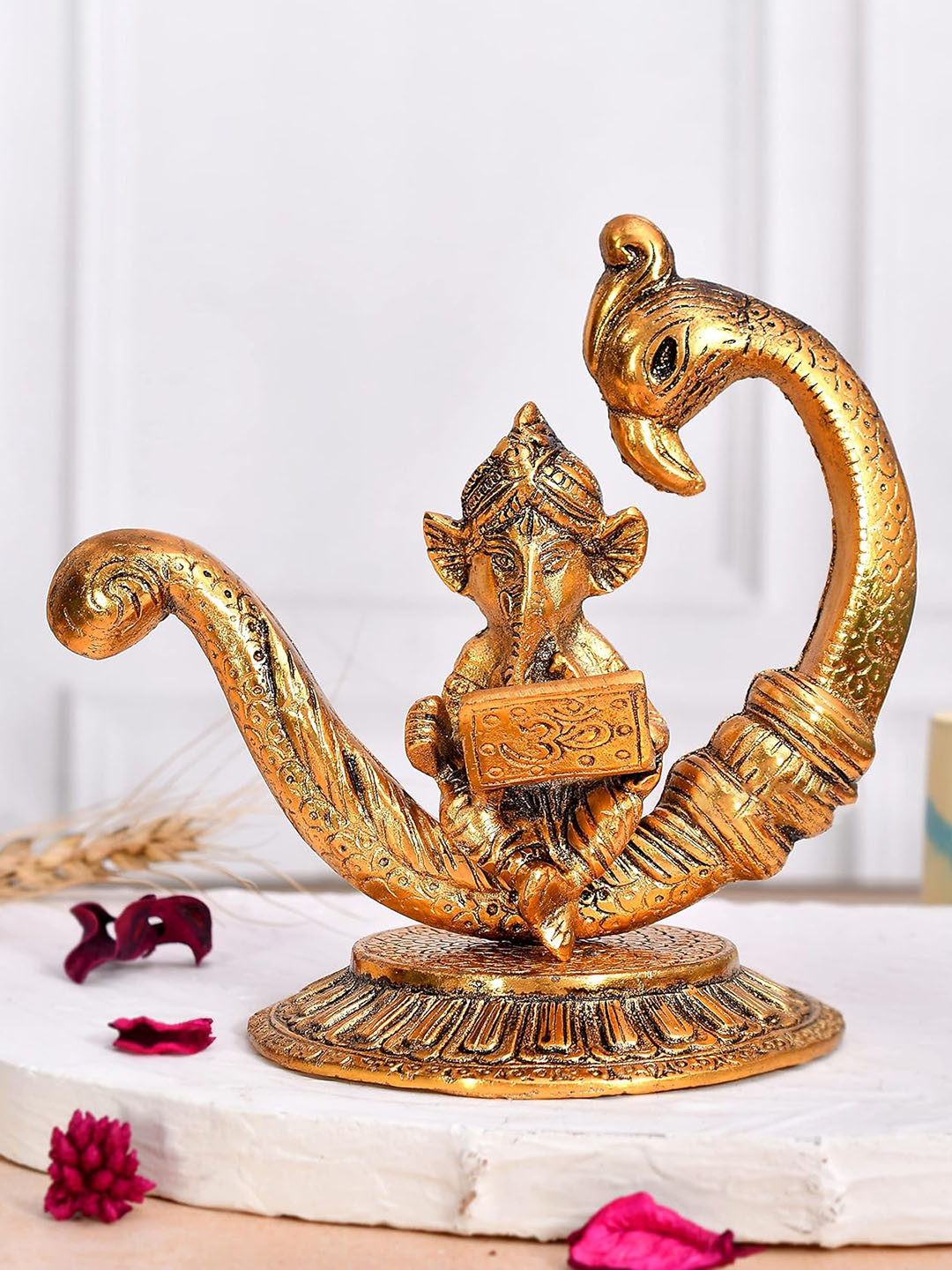Ascension Ganesha Reading Book Brown Metal Metallic Prayer Room Medium Showpiece - 2.4 Inches