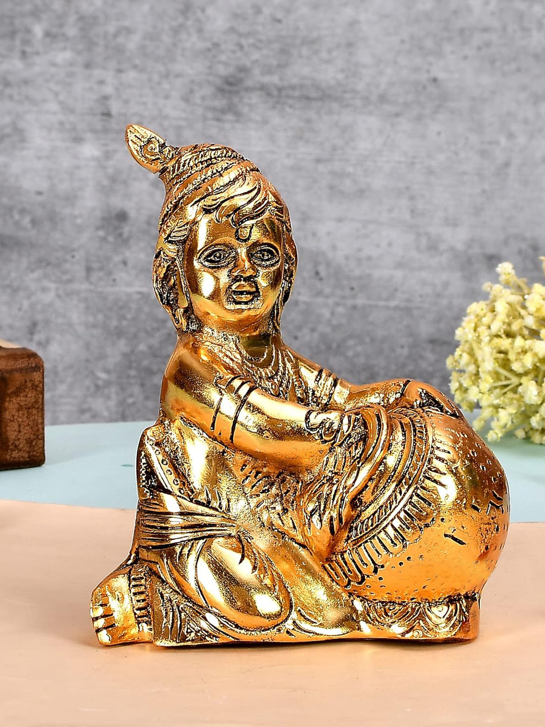 Ascension Krishna Makhan Chor Gold Metal Metallic Prayer Room Medium Showpiece - 3.1 Inches