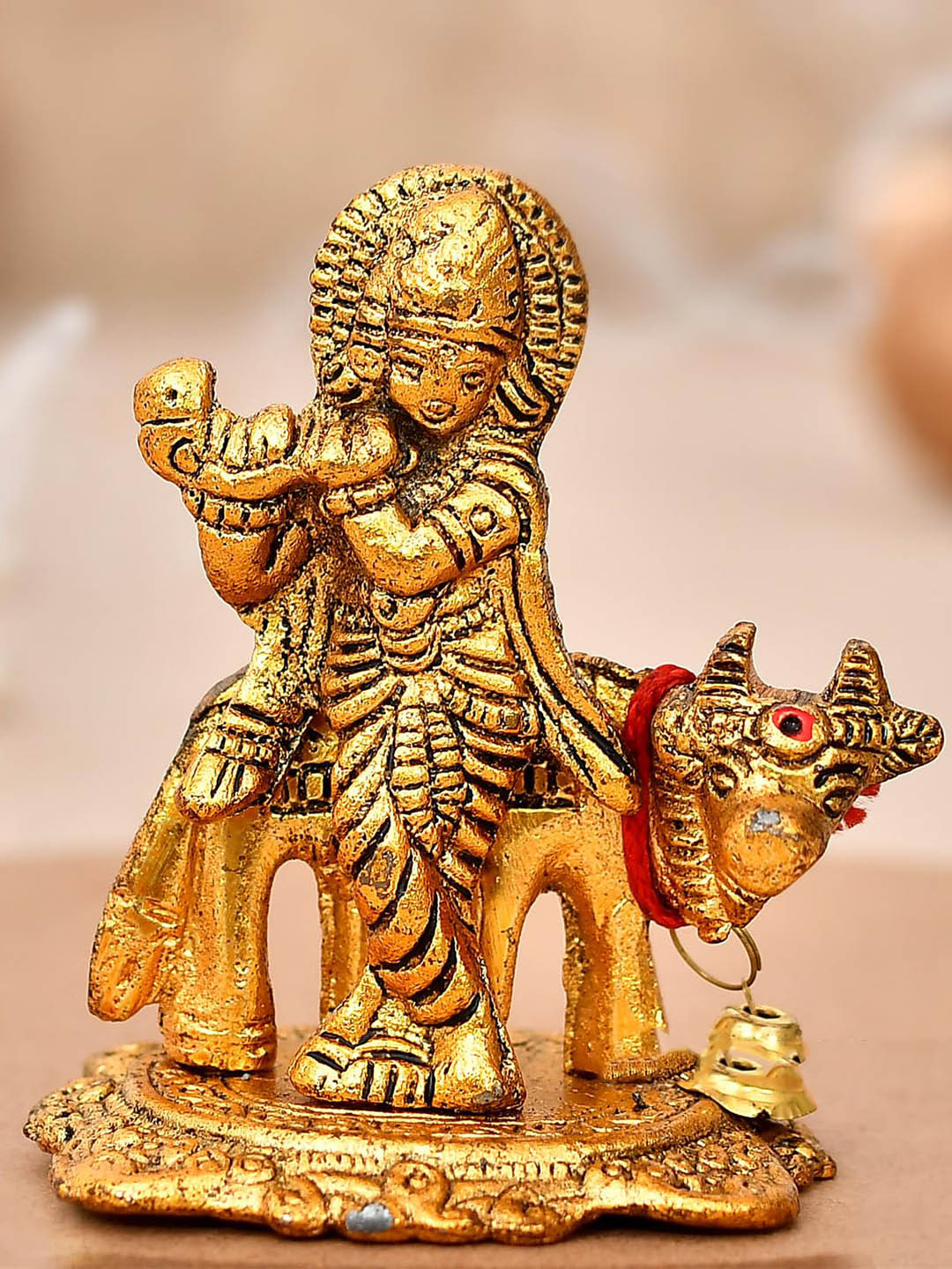 Ascension Krishna with Playing Flute On Kamdhenu Cow Gold Metal Metallic Prayer Room Medium Showpiece - 3.5 Inches