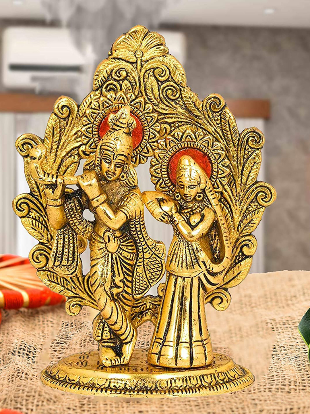 Ascension Radha Krishna Gold Metal Metallic Prayer Room Medium Showpiece - 1.6 Inches