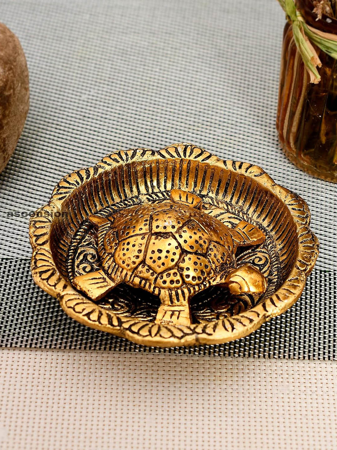 Ascension Kachua Tortoise on Plate Gold Brass Metallic Prayer Room Set of 2 Medium Showpieces - 1.2 Inches