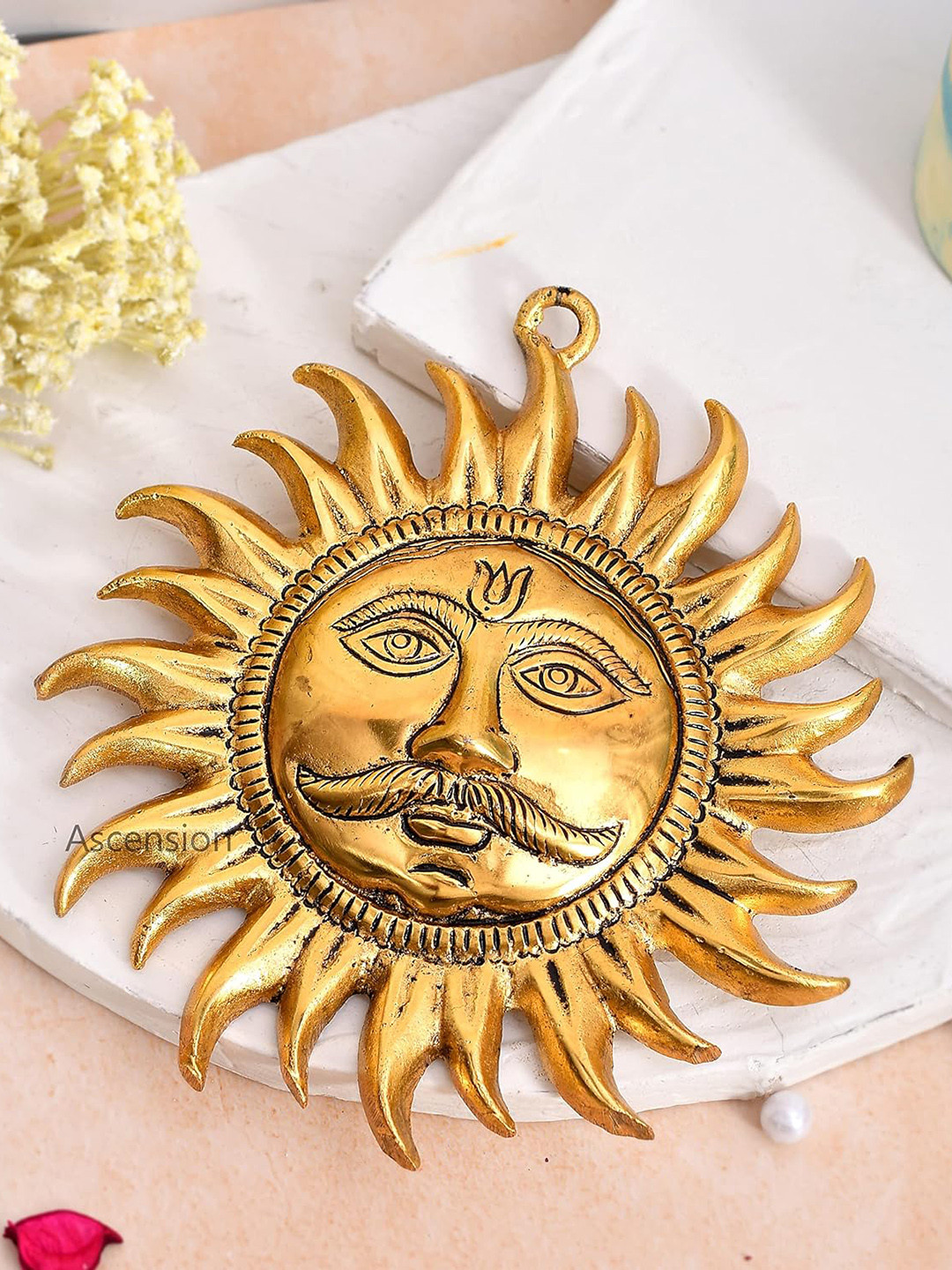 Ascension Sun Face Gold Metal Metallic Prayer Room Small Showpiece - 7.9 Inches