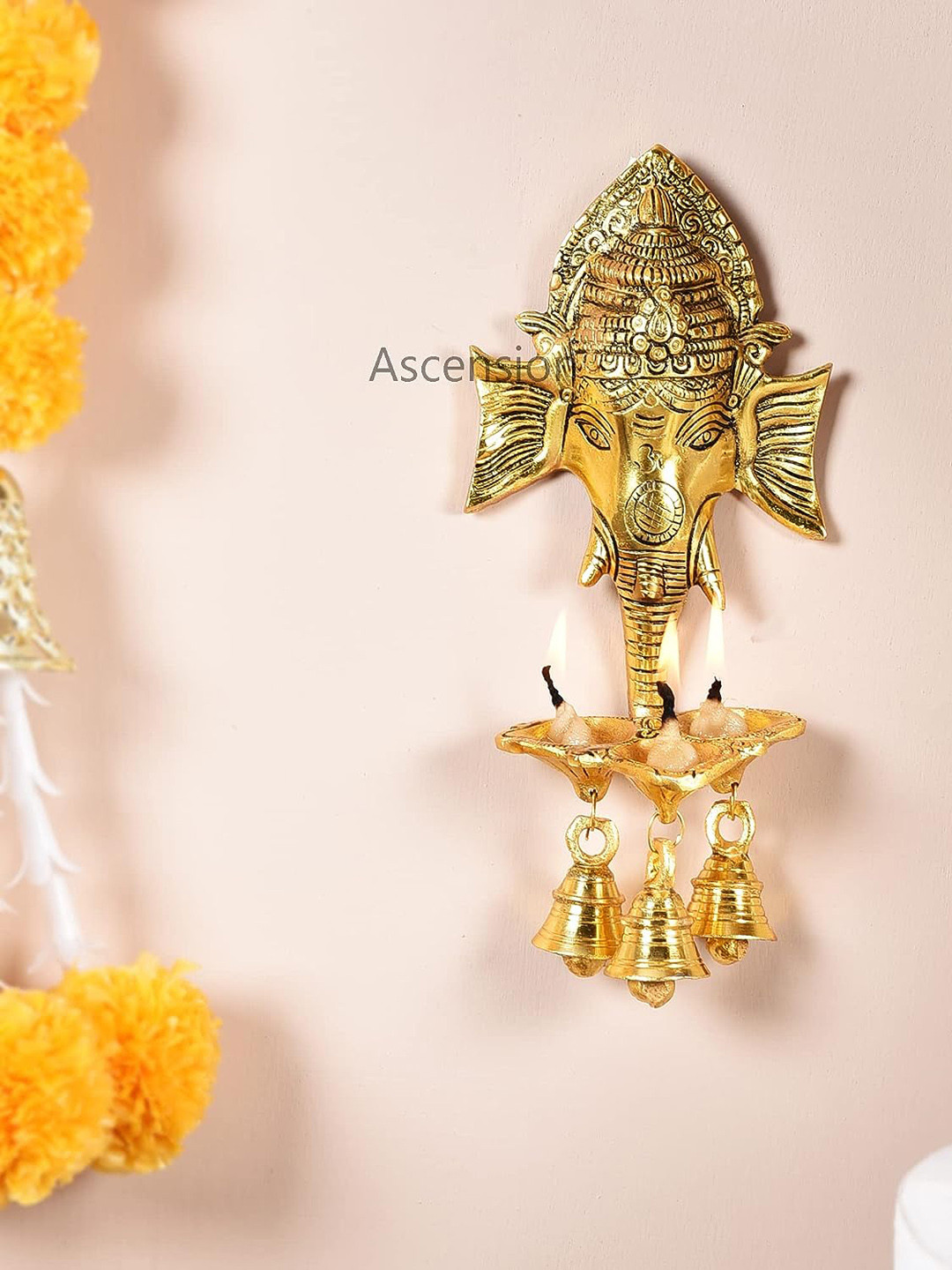 Ascension Gold-Toned Ganesh Ji Wall Hanging with Three Diya
