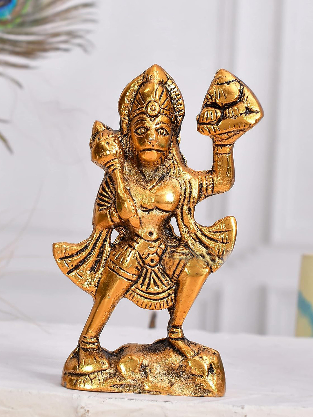 Ascension Lord Hanuman Standing on Mountain Gold Metal Metallic Prayer Room Medium Showpiece - 1 Inches