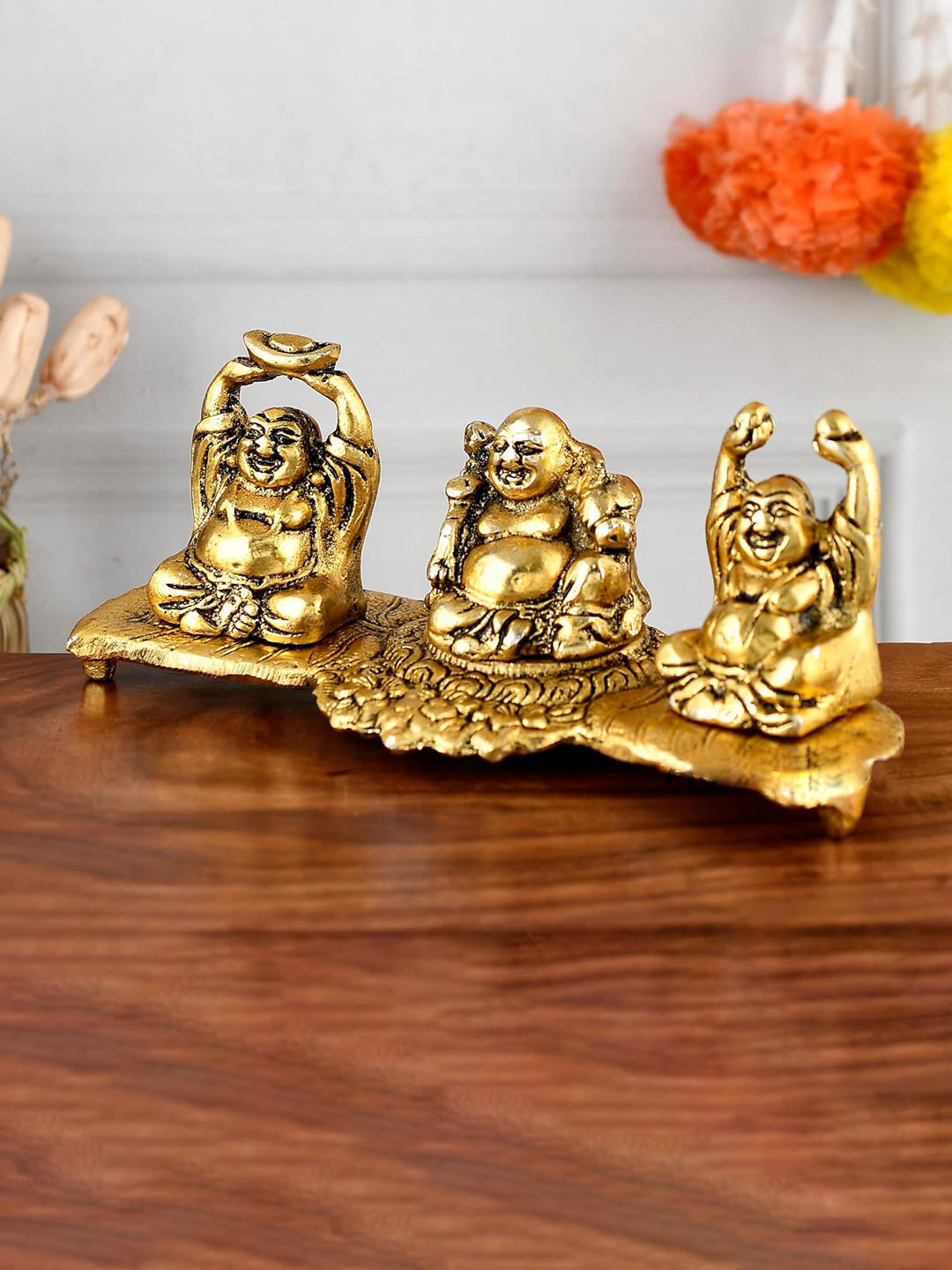 Ascension Laughing Buddha Gold Metal Metallic Living Room Medium Showpiece - 2.8 Inches