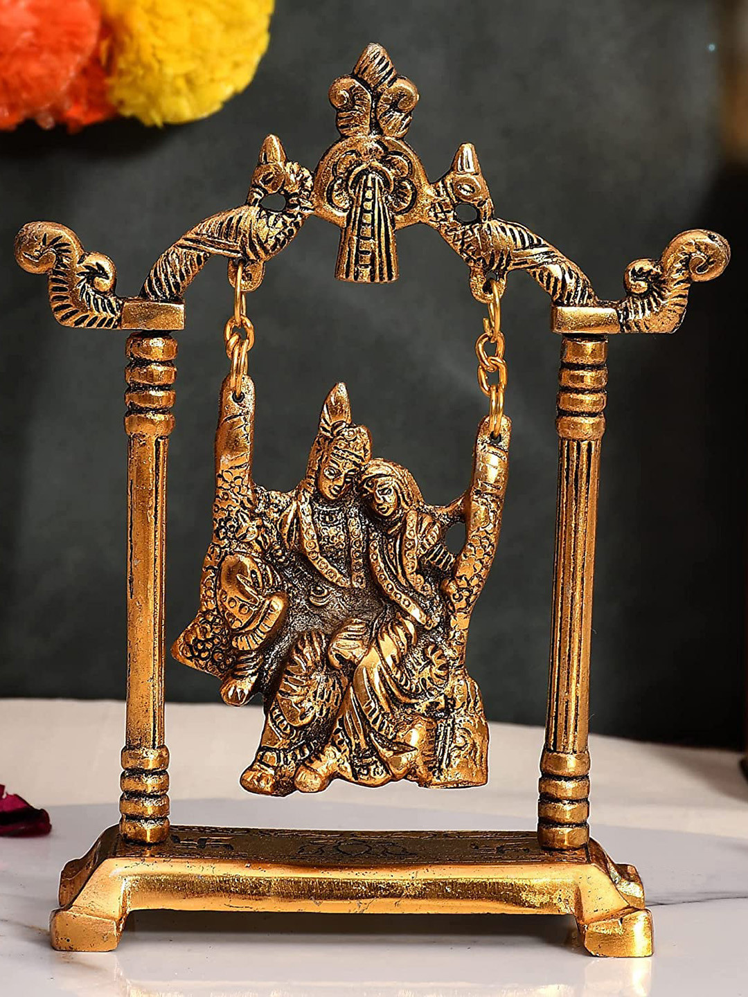 Ascension Swing Radha Krishna Gold Metal Metallic Prayer Room Medium Showpiece - 2 Inches