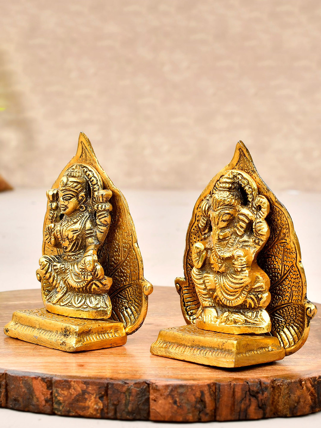 Ascension Laxmi Ganesh on Leaf Singhasan Gold Metal Metallic Prayer Room Set of 2 Medium Showpieces - 1.9 Inches