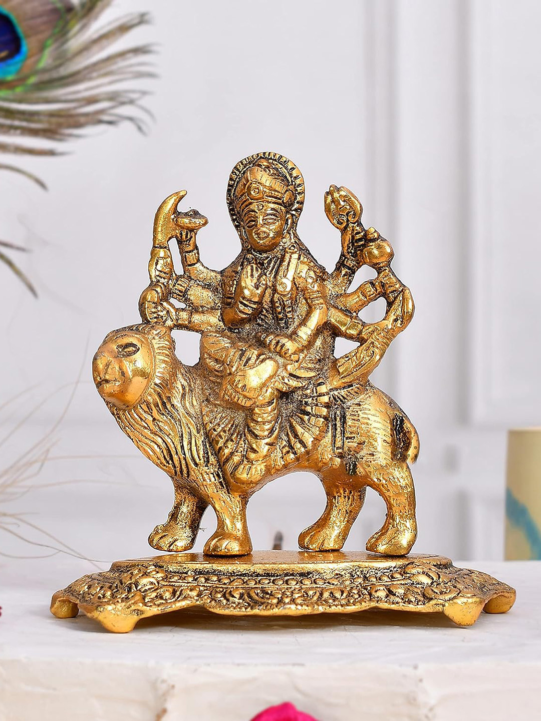 Ascension Durga Maa Sitting on Lion Yellow Metal Metallic Prayer Room Small Showpiece - 5.3 Inches