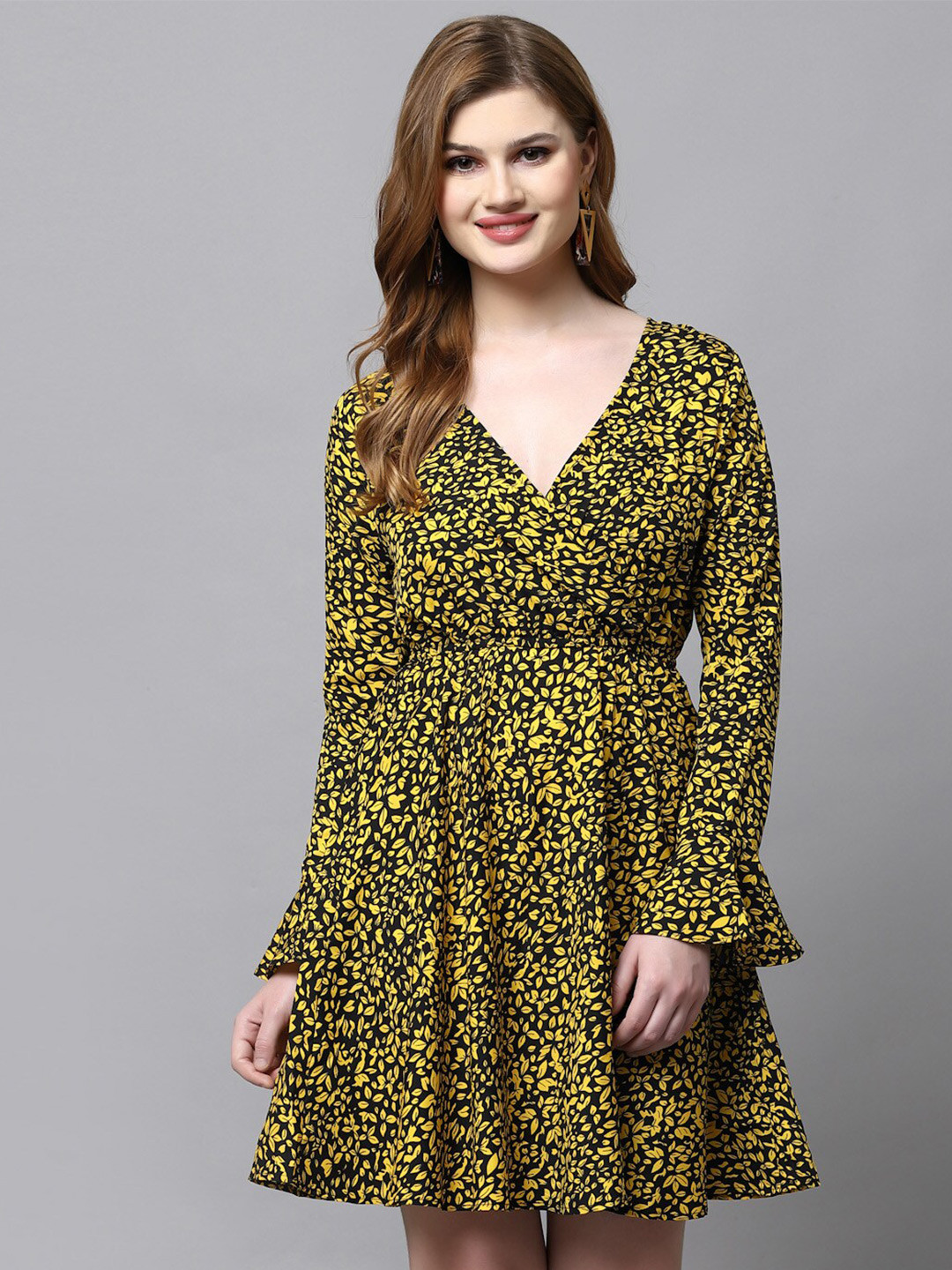 aayu Floral Printed Bell Sleeve Crepe Fit & Flare Dress