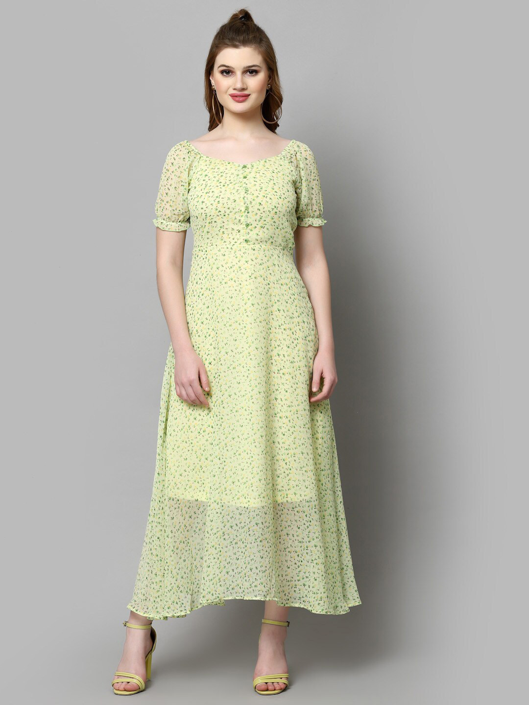 aayu Floral Printed Puff Sleeves Georgette Maxi A-Line Dress