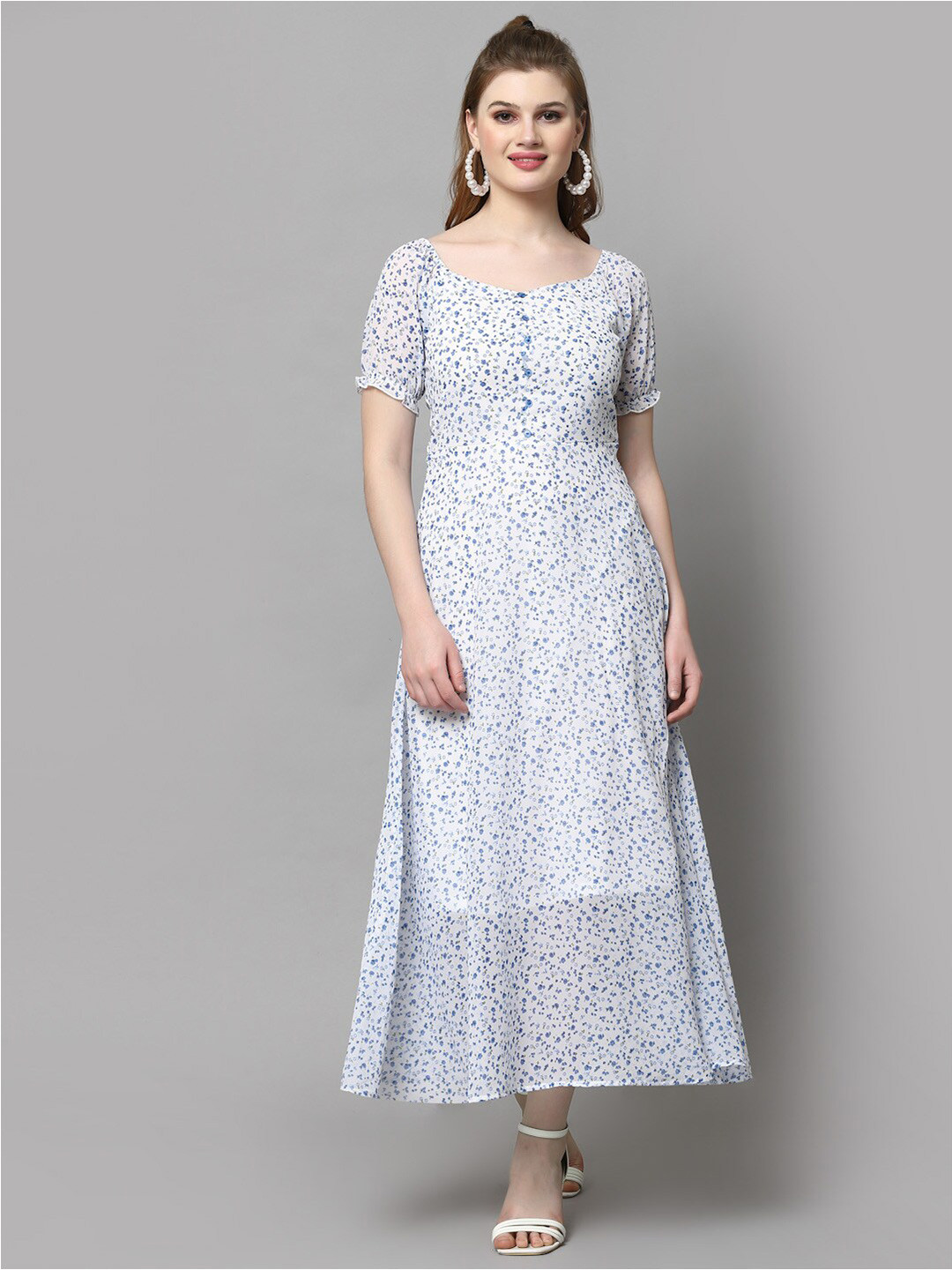 aayu Blue Floral Printed Puff Sleeves Fit & Flare Dress