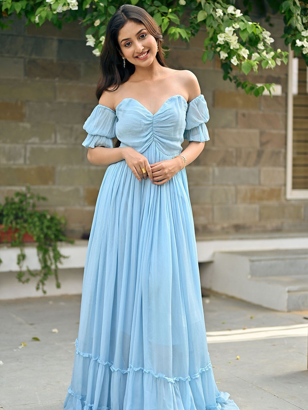 NORE21 Off-Shoulder Gathered or Pleated Maxi Dress