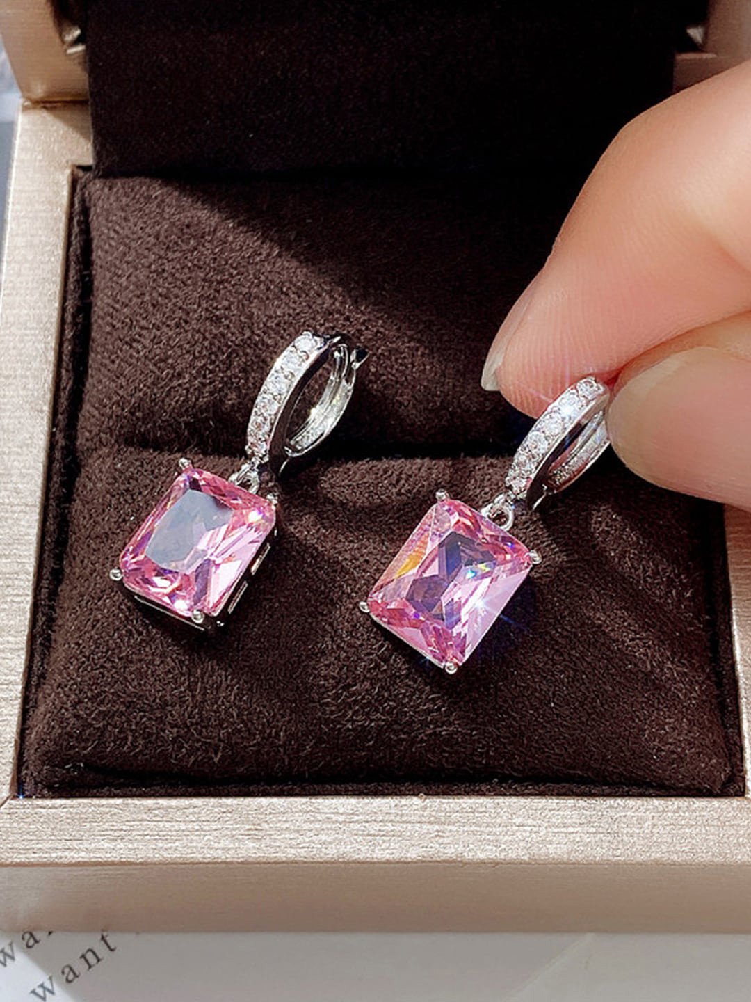 Jewels Galaxy Silver Plated American Diamond-Studded Ice Cut Rectangular Drop Earrings