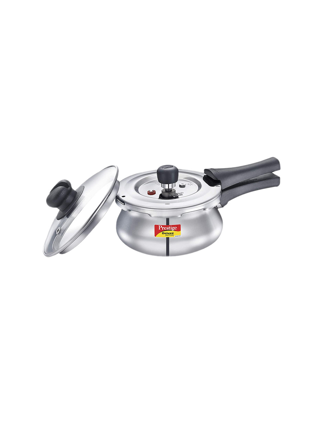 Prestige Deluxe Alpha Svachh Silver Stainless Steel Spillage Control Induction Outer Lid Pressure Cooker-1.5 L