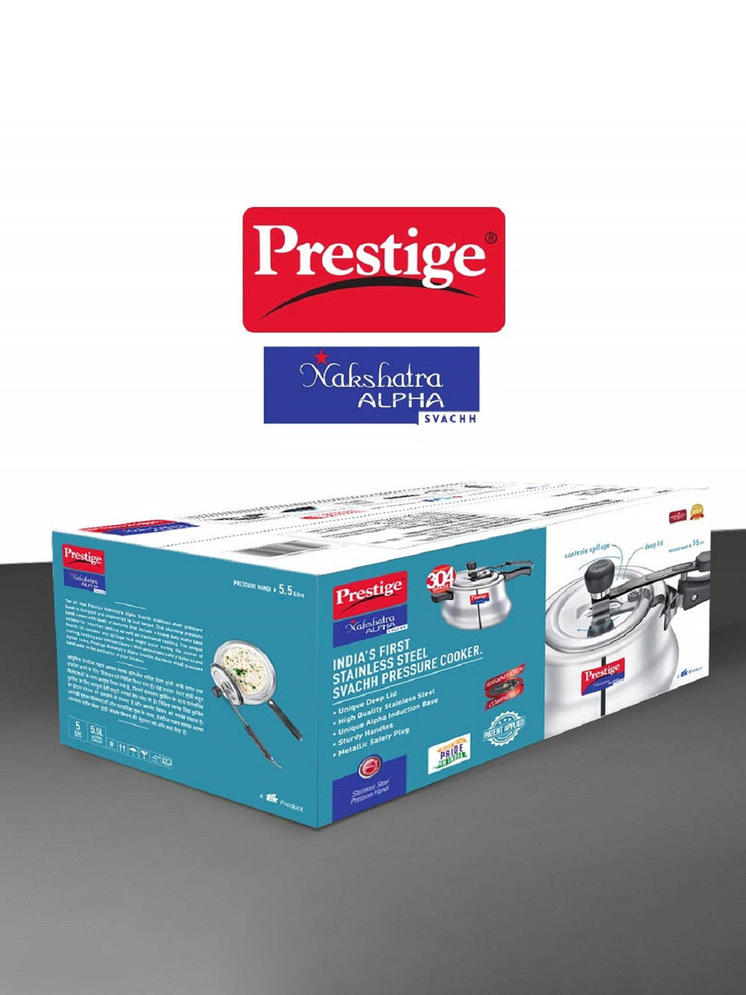 Prestige Nakshatra Alpha Svachh Silver Stainless Steel Spillage Control Induction Inner Lid Pressure Cooker-5.5 L