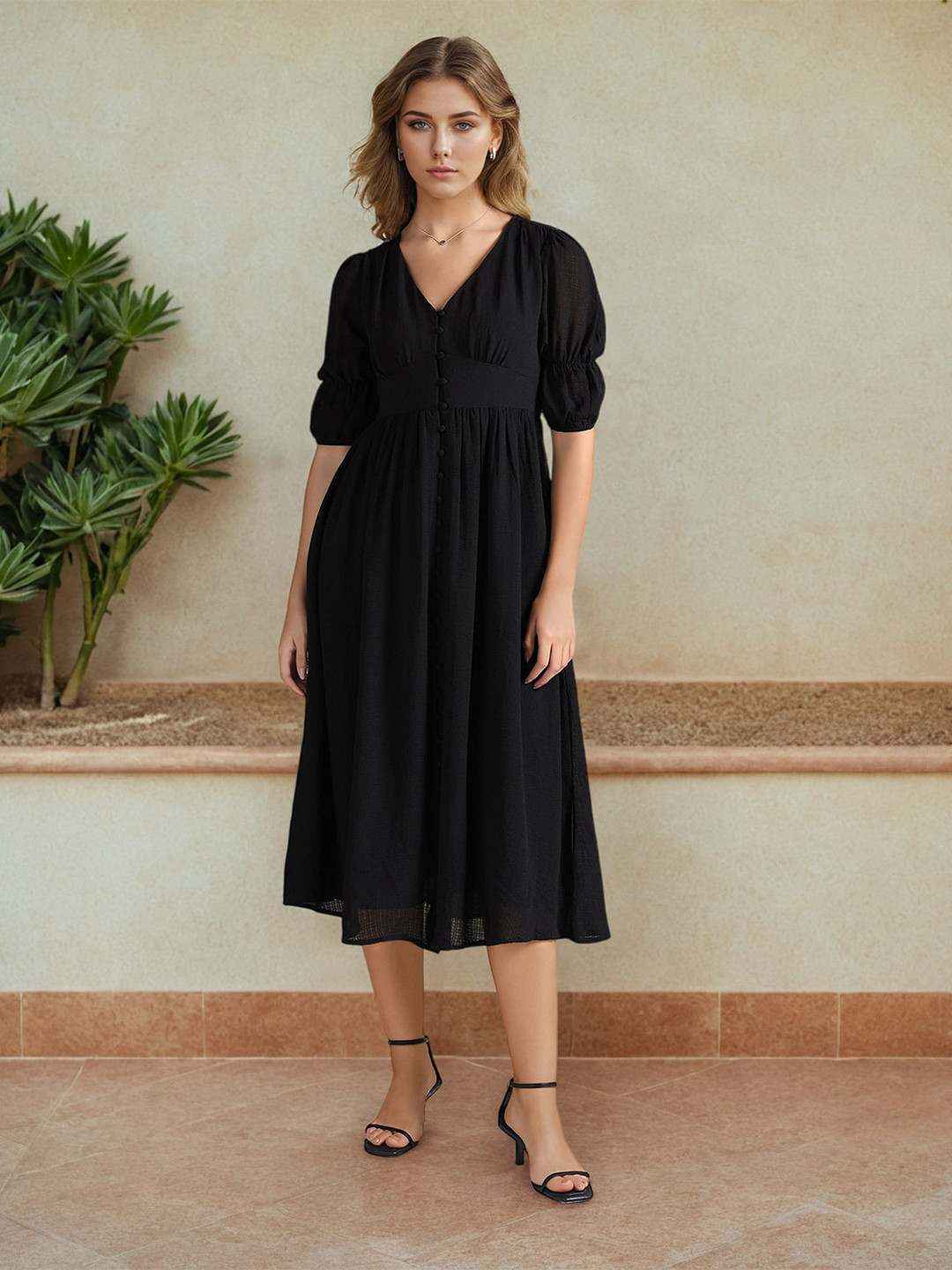 U.S. Polo Assn. Women V-Neck Puff Sleeve Gathered Fit & Flare Midi Dress
