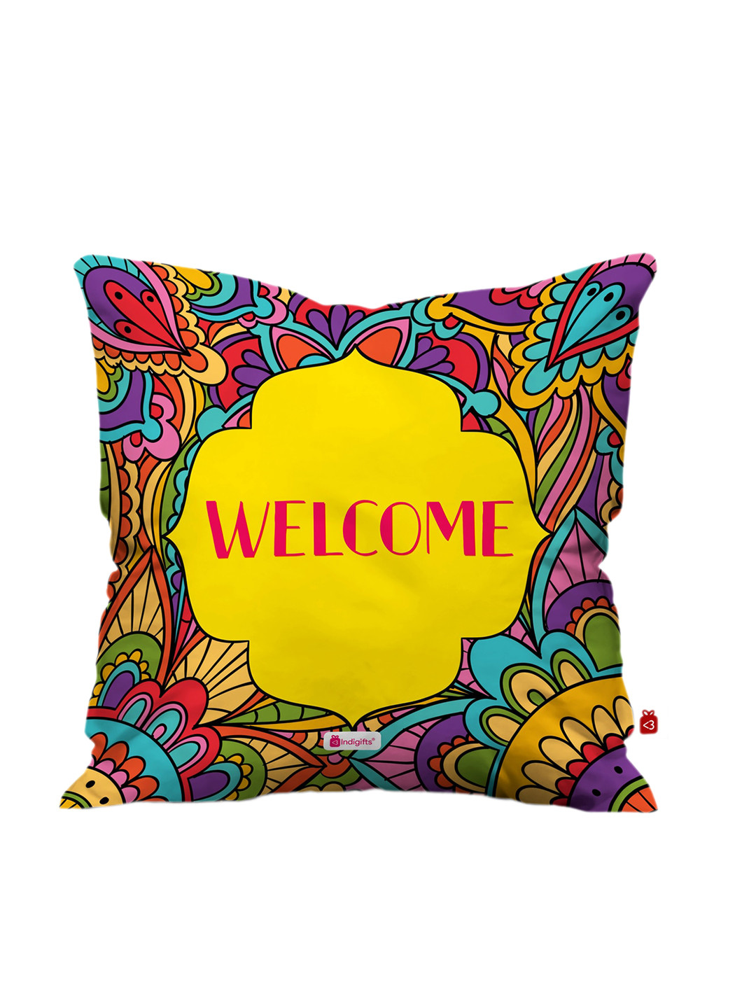 Indigifts  Yellow & Pink Welcome Printed Filled Cushion