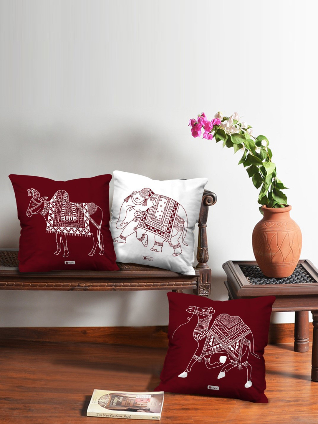 Indigifts Brown & White 3 Pcs Printed Filled Cushion With Covers