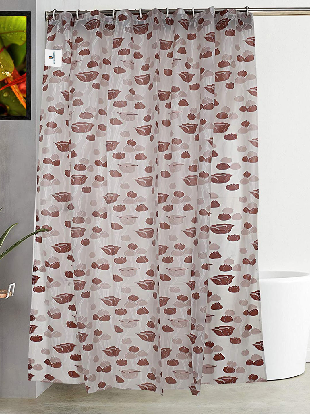 Kuber Industries Brown & White Floral Design Shower Curtain