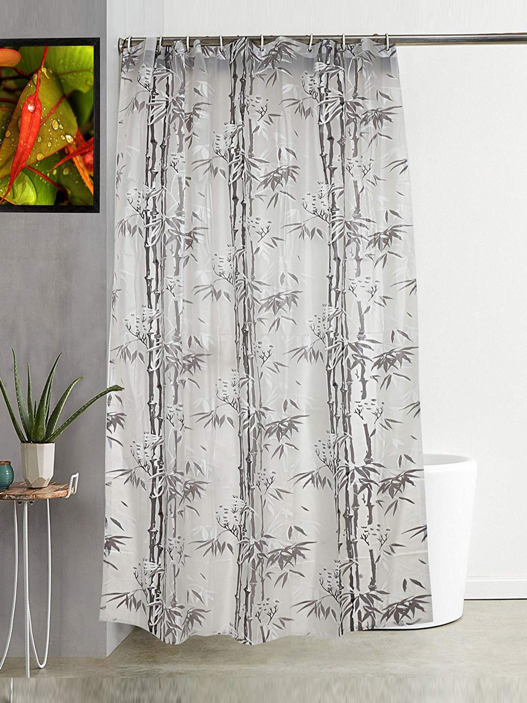 Kuber Industries Grey Printed Shower Curtain with 8 Hooks
