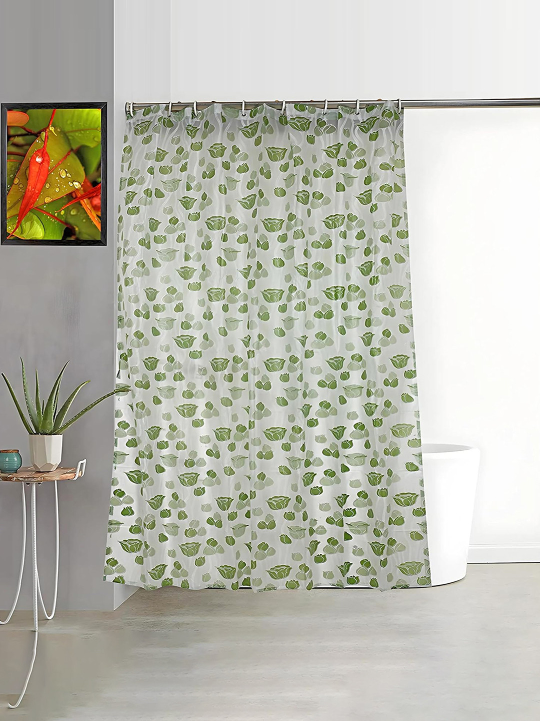 Kuber Industries Green & White Printed Shower Curtain