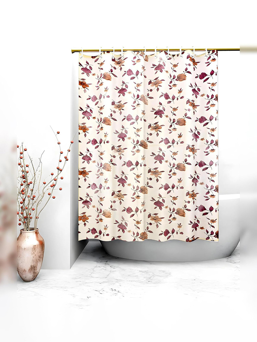 Kuber Industries Cream-Coloured & Purple Floral Printed Shower Curtains