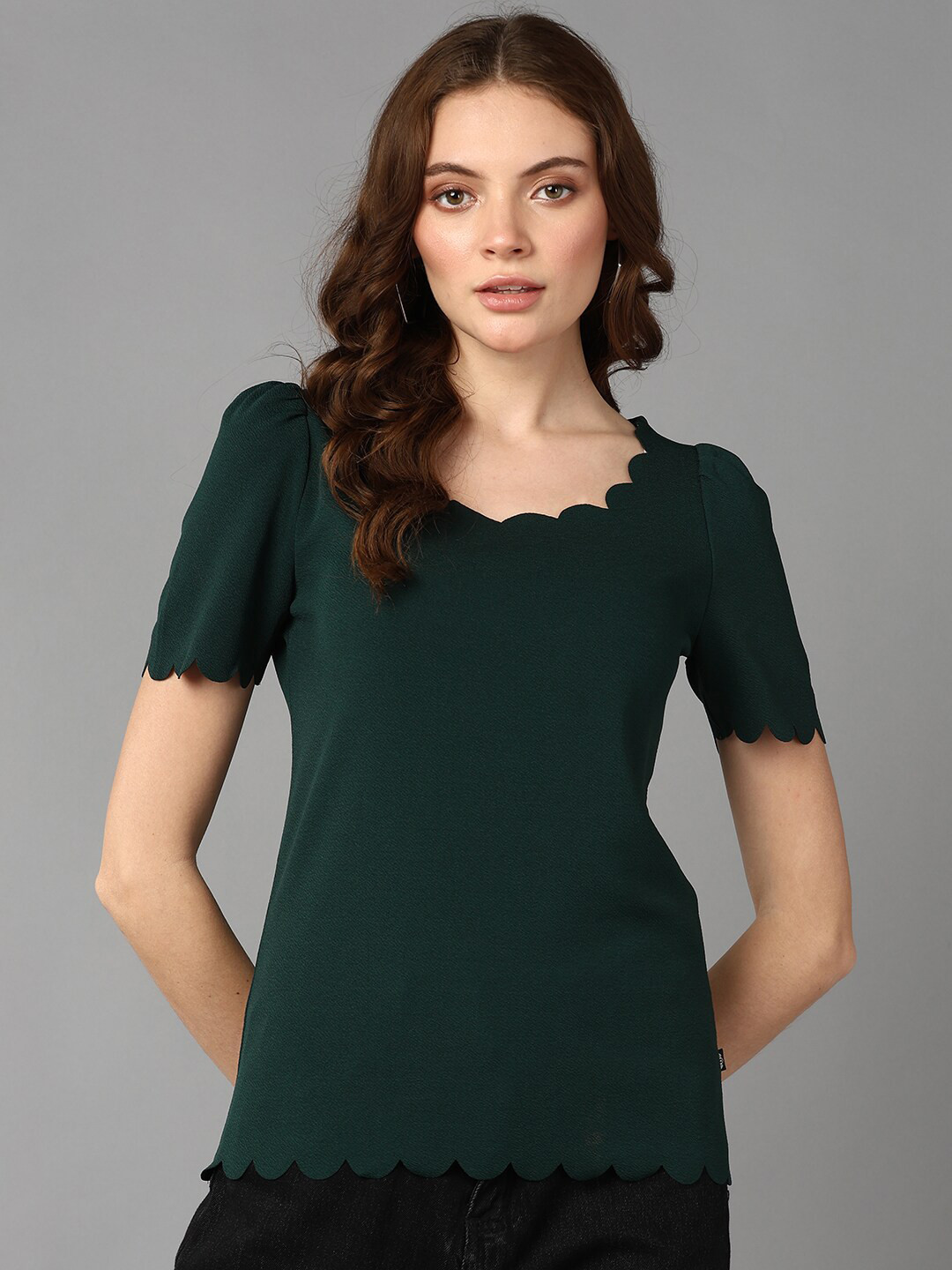 Roadster Green Scallop Neck Regular Top