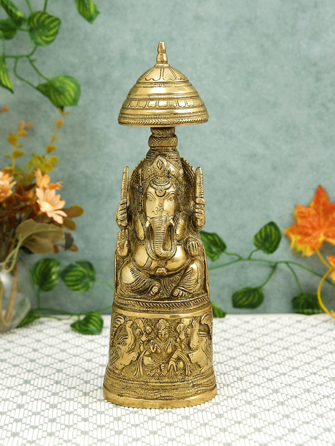 Imli Street Chatri Ganesh Laxmi Gold Brass Metallic Prayer Room Medium Showpiece - 10.2 Inches