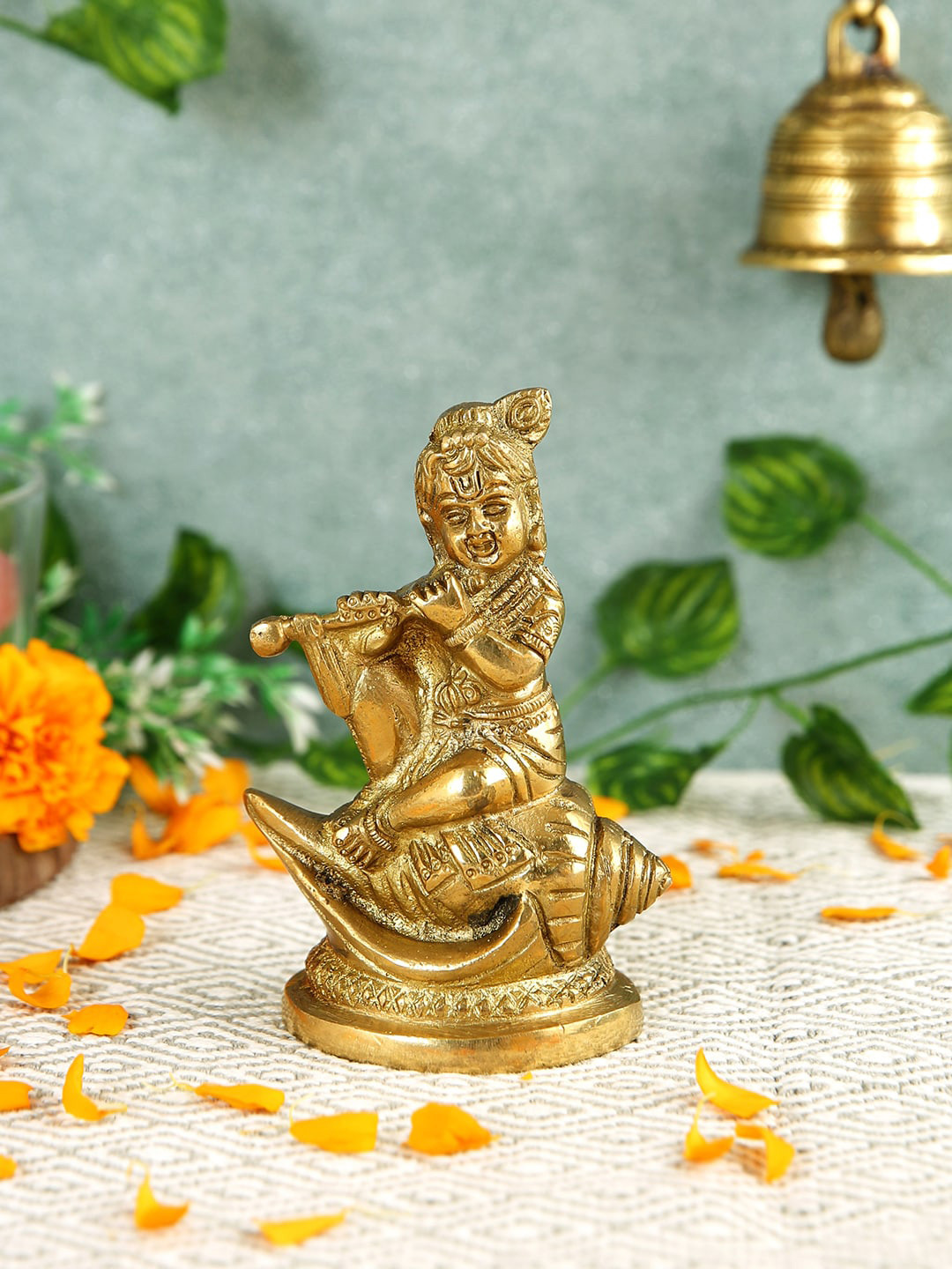 Imli Street Krishna Sitting on Shell Gold Brass Metallic Prayer Room Medium Showpiece - 4.3 Inches