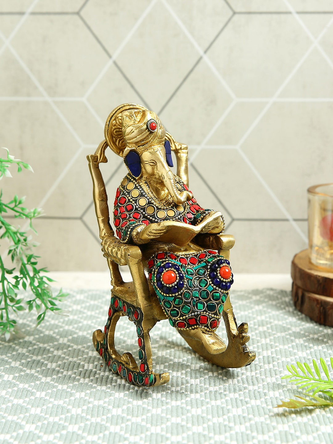 Imli Street Ganesha on Rocking Chair and Reading Ramayan Red Brass Metallic Prayer Room Medium Showpiece - 6.6 Inches