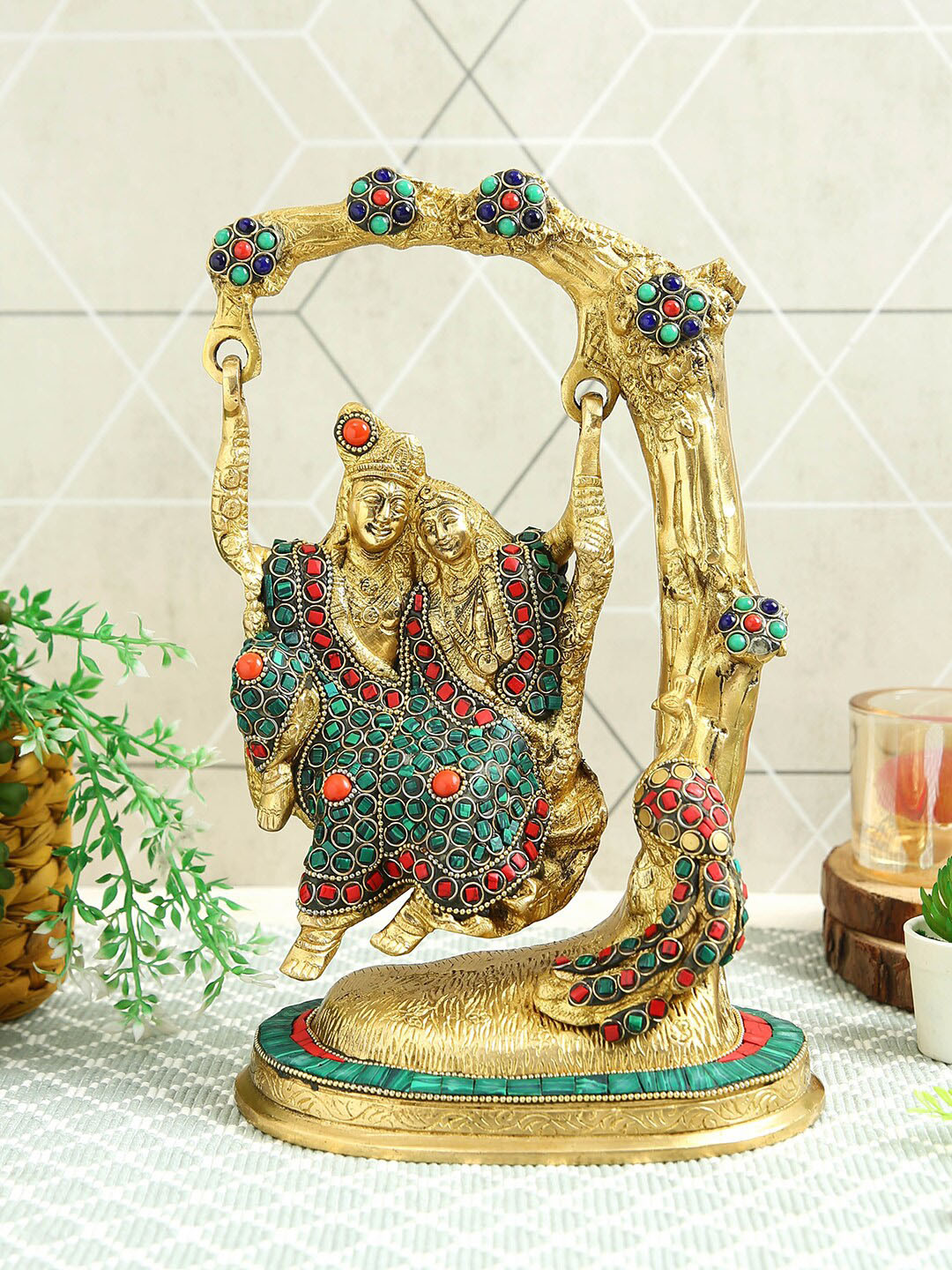 Imli Street Radha Krishna Jhula Brown Brass Metallic Living Room Medium Showpiece - 10.9 Inches