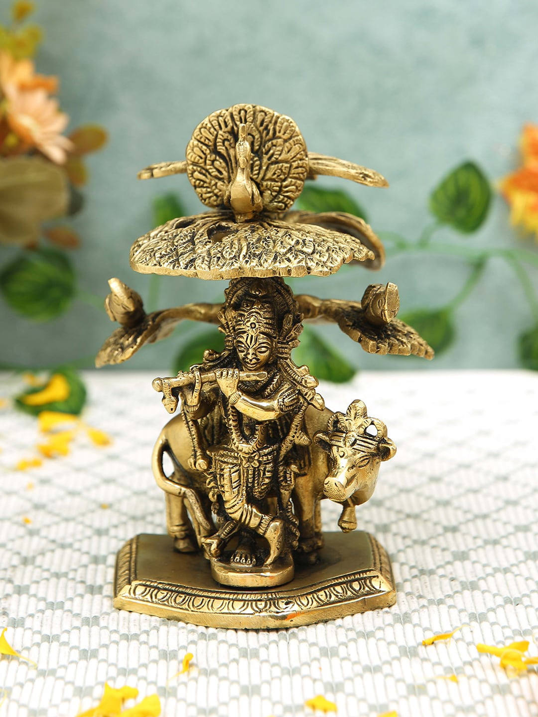 Imli Street Gold Toned Krishna With Kadamba Tree Brass Idol Showpiece