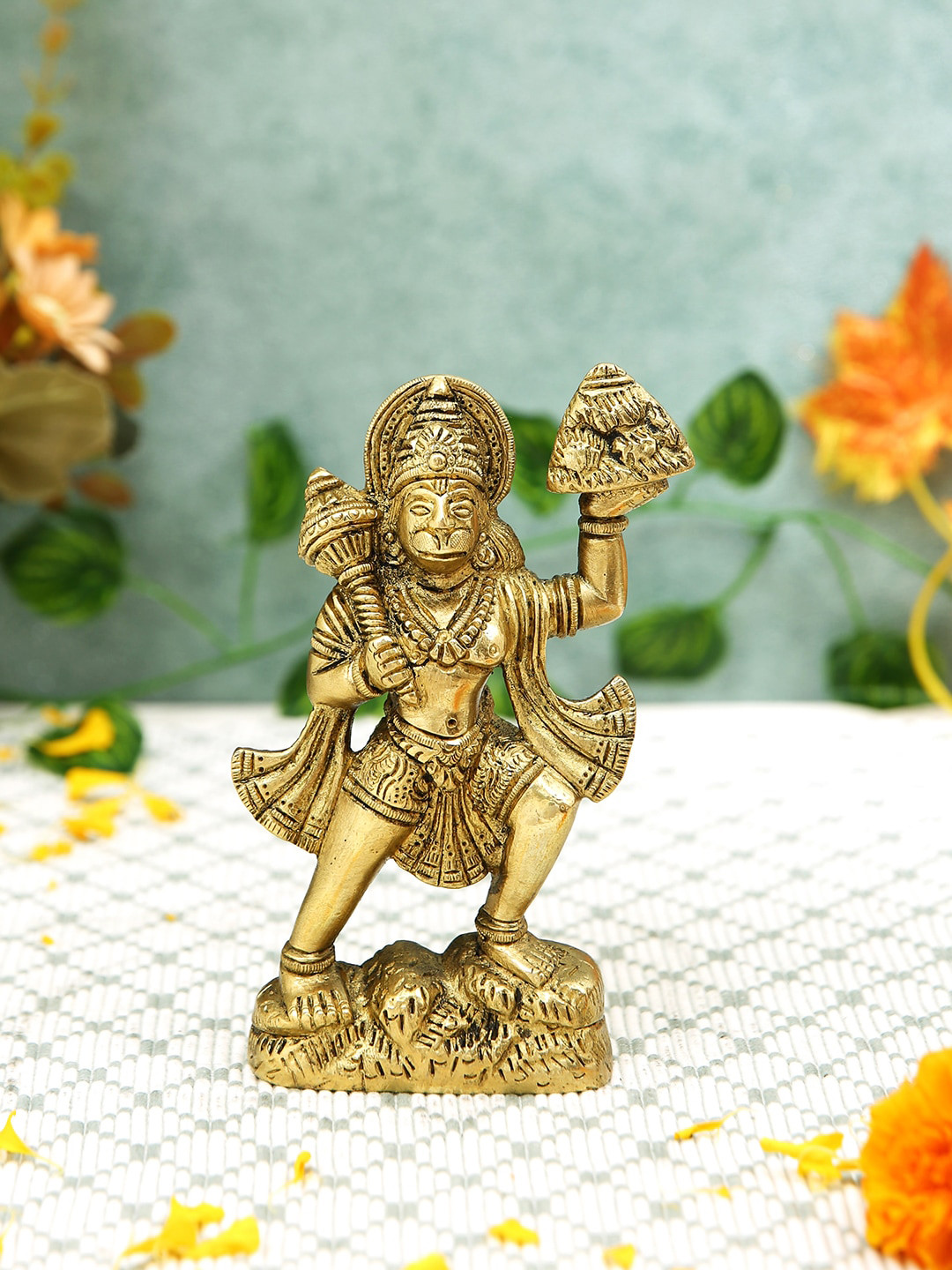 Imli Street Hanuman Lifting A Mountain Yellow Brass Metallic Prayer Room Medium Showpiece - 5.2 Inches