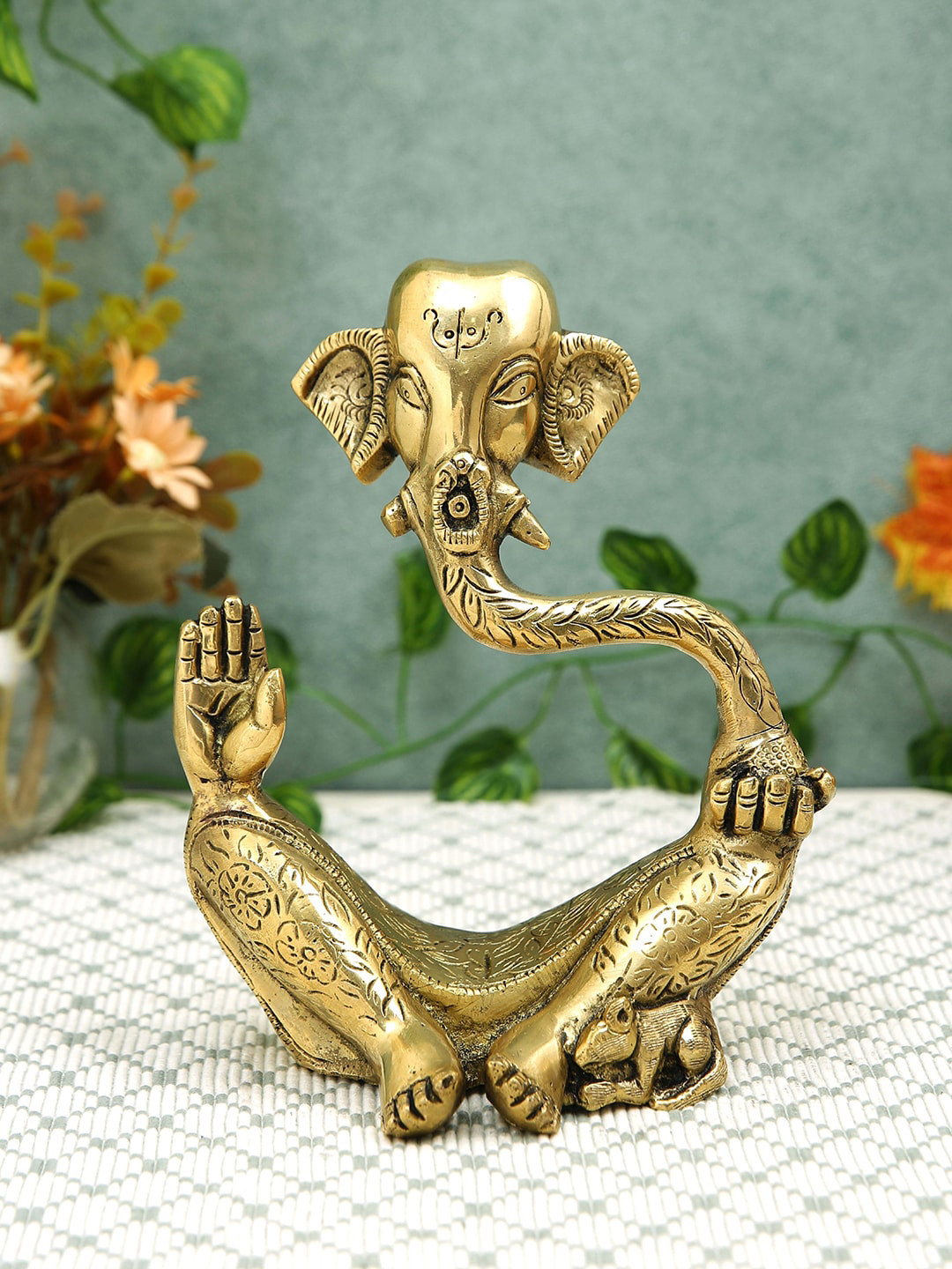 Imli Street Ganesha 3D Gold Brass Metallic Prayer Room Medium Showpiece - 7.3 Inches