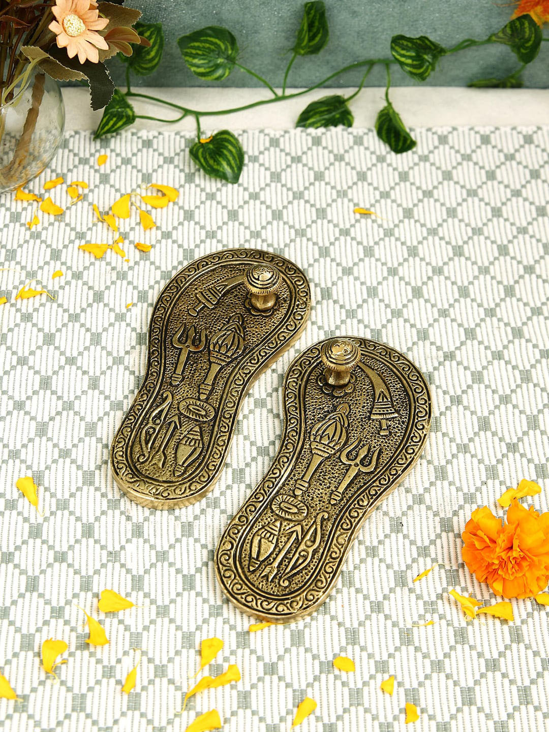 Imli Street Charan Paduka Gold Brass Metallic Prayer Room Set of 2 Small Showpieces - 1.3 Inches