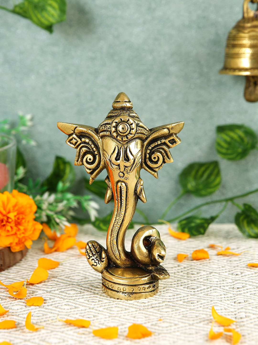 Imli Street Ganesh 3D Face Yellow Brass Metallic Prayer Room Small Showpiece - 1.8 Inches