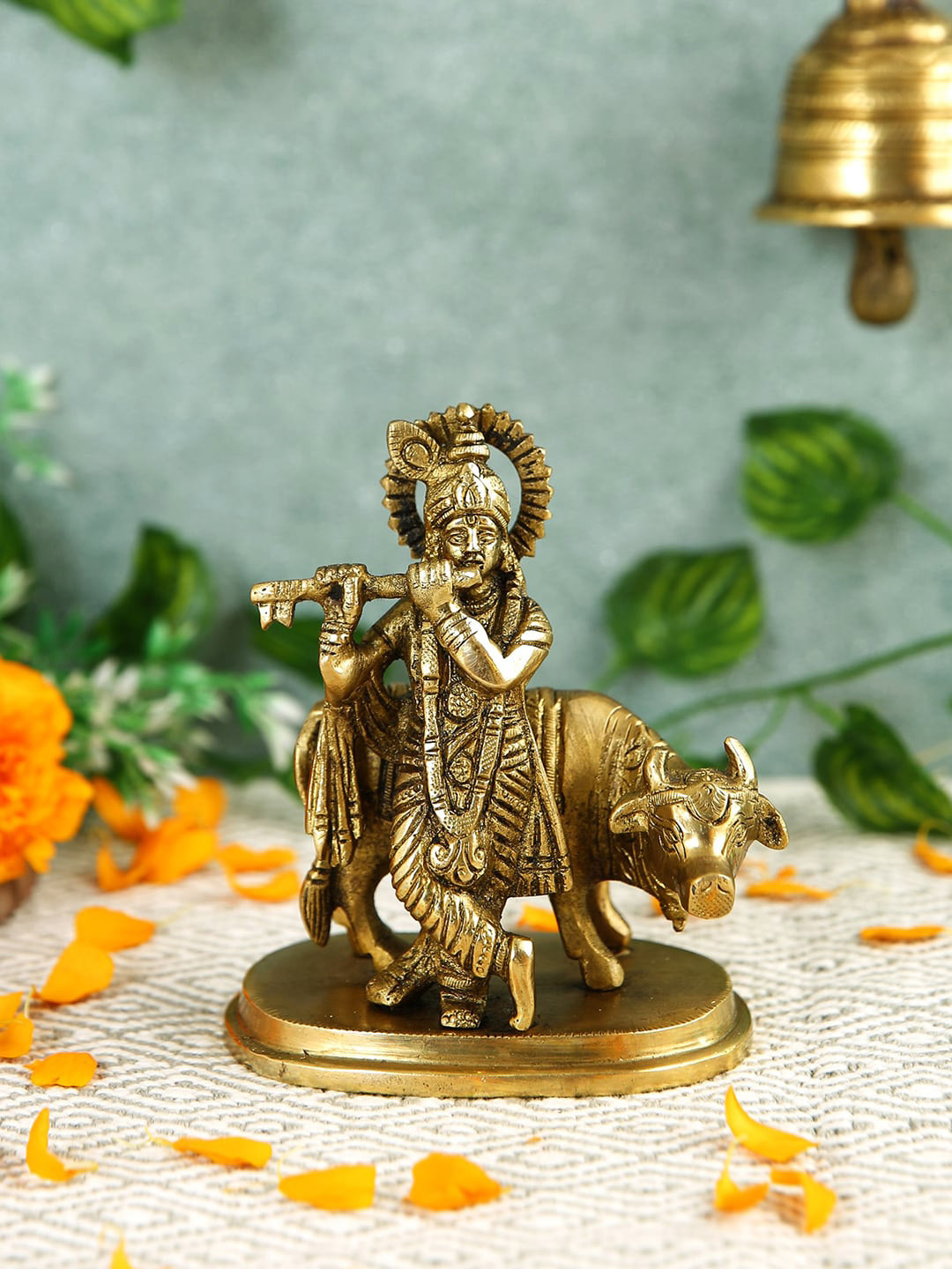 Imli Street Gold Toned Textured Krishna Playing Flute with Cow Brass Idol Showpiece