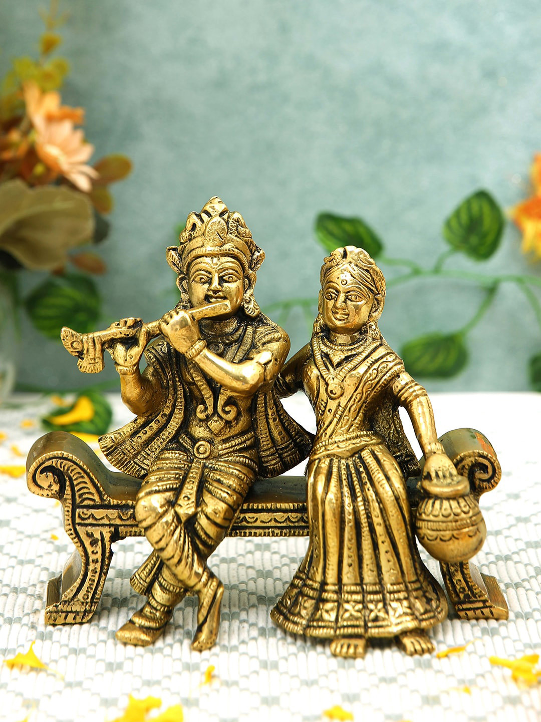 Imli Street Gold Toned Radha Krishna Sofa Sitting Idol Brass Showpiece