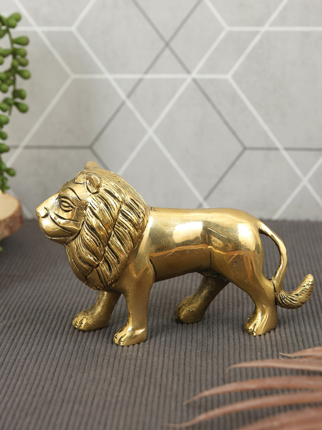 Imli Street Lion Yellow Brass Natural Living Room Small Showpiece - 4.2 Inches