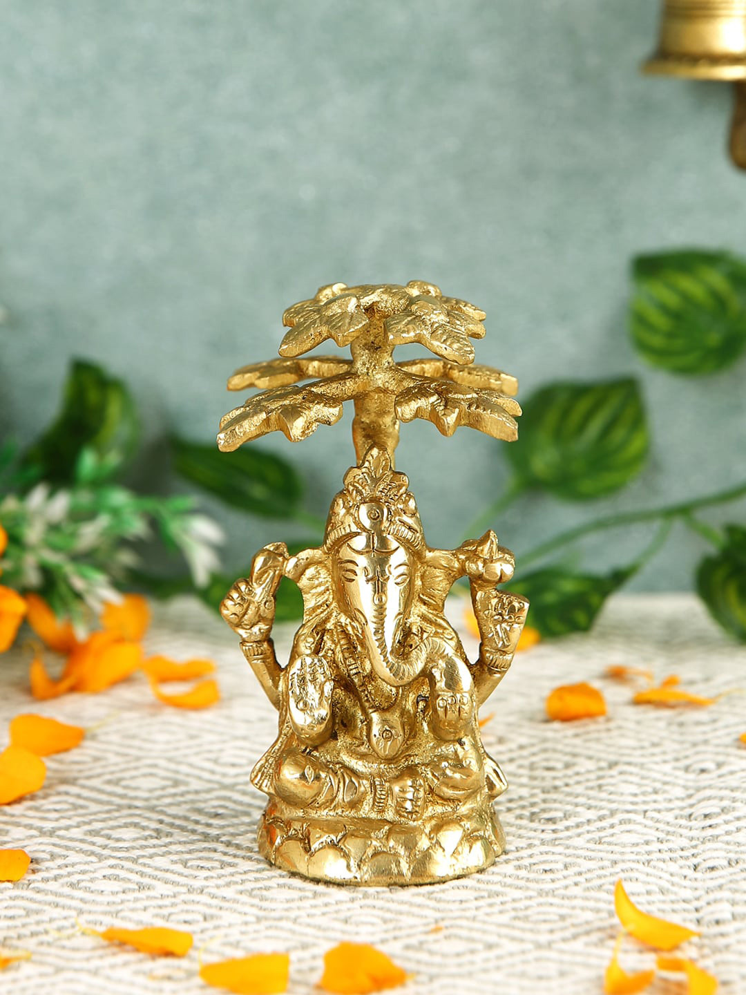 Imli Street Tree Ganesha Gold Brass Metallic Prayer Room Small Showpiece - 3.7 Inches